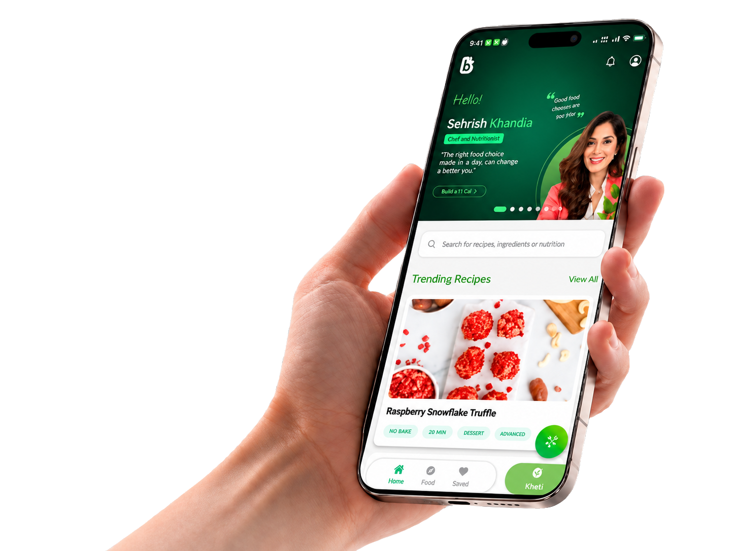 Hand holding a phone with the Byondbites app